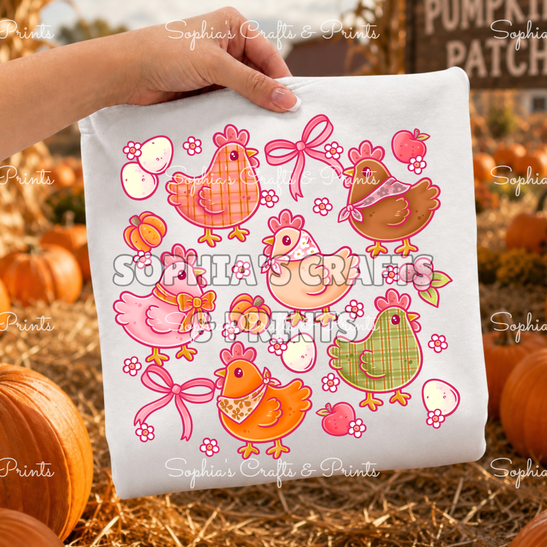 Cozy Fall Chickens Pink DTF Transfer