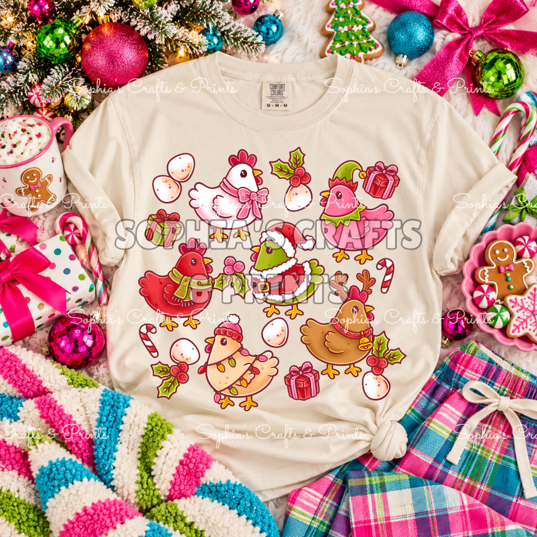Christmas Chickens Pink DTF Transfer