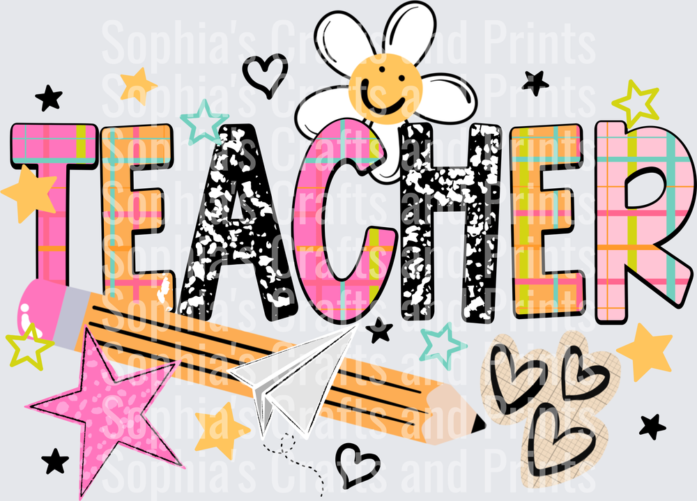 Teacher Pencil Happy Flower DTF Transfer