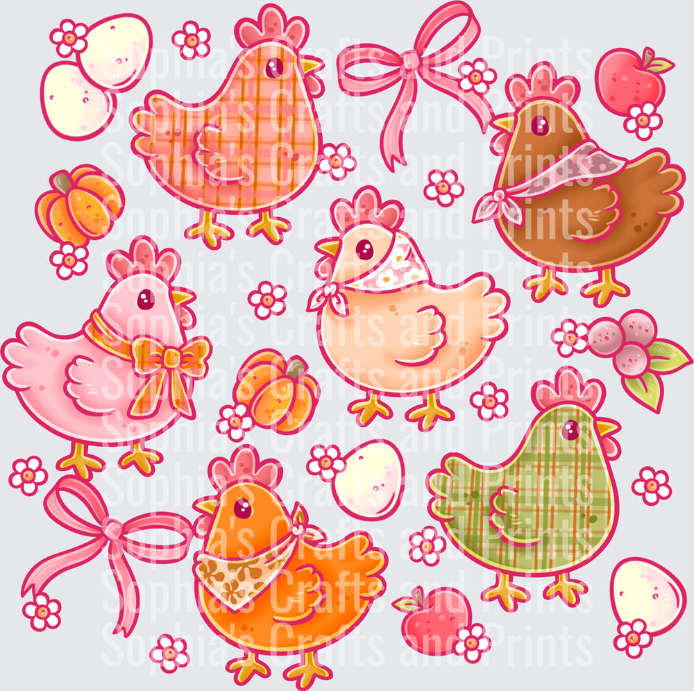 Cozy Fall Chickens Pink DTF Transfer